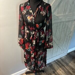 Colleen Lopez Sheer Black Floral Sheer Dress Topper Duster Button Up Whimsical S